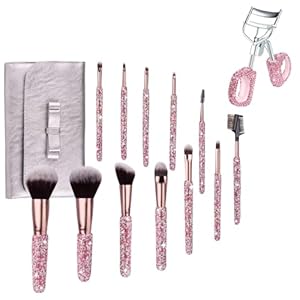 Makeup Brushes Bling Crystal Professional Beauty Tool 12PCS & Bling Rhinestone Eyelash Curlers Stainless Steel with Silicone Pink