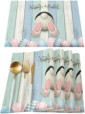 TreTreDolin Easter Placemats Set of 4,Blue Bunny Washable Heat-Resistant Table Mats,Easter Decor for Dinning Table/Kitchen/Holiday Party/Coffee Shop,Indoor & Outdoor Cotton Linen Placemats 13"x19"