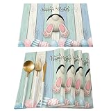 TreTreDolin Easter Placemats Set of 4,Blue Bunny Washable Heat-Resistant Table Mats,Easter Decor for