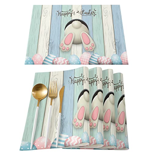 Tretredolin Easter Placemats Set Of 4,Blue Bunny Washable Heat-Resistant Table Mats,Easter Decor For Dinning Table/Kitchen/Holiday Party/Coffee Shop,Indoor & Outdoor Cotton Linen Placemats 13"X19" #TOP18