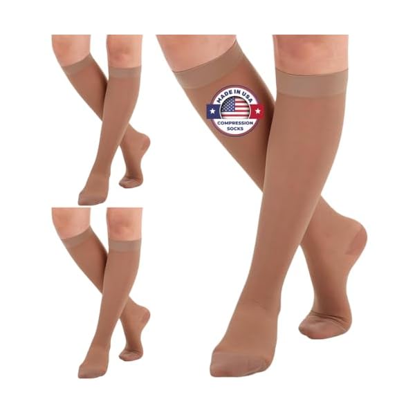 (3 Pairs - Closed Toe) Made in USA - Compression Socks for Women 15-20mmHg - Sheer Compression Knee High Stockings for Post Surgery, Pregnancy, Arthritis, Edema - Beige, Large - A101BE3-3