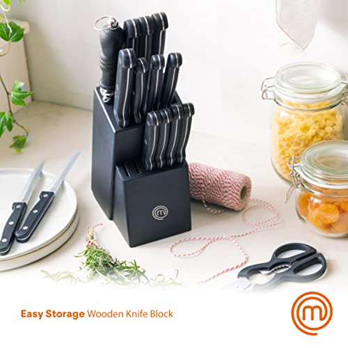 Masterchef Knife Block Set Of Kitchen Knives, Large 15Pc Stainless Steel Cooking Knife Collection Incl. Steak Knives, Cutting Shears & Knife Sharpener With Riveted Handles In A Matte Black Holder #TOP2