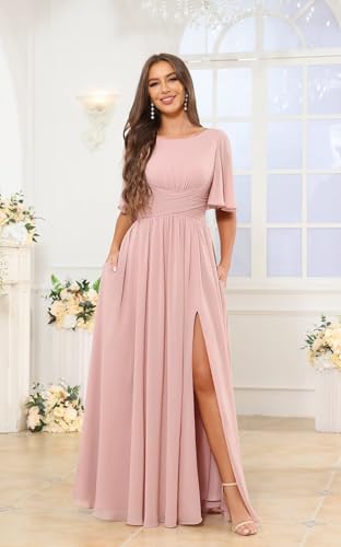 POMUYOO Short Sleeves Bridesmaid Dresses Long Slit Ruffle Chiffon Formal Dress for Wedding Guest2