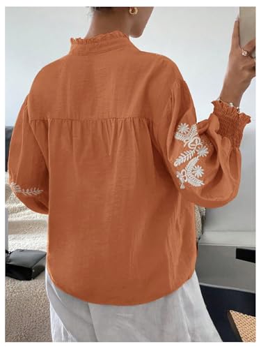 SHENHE Women's Embroidered Linen Shirts Button Up Bishop Sleeve V Neck Boho Blouse2