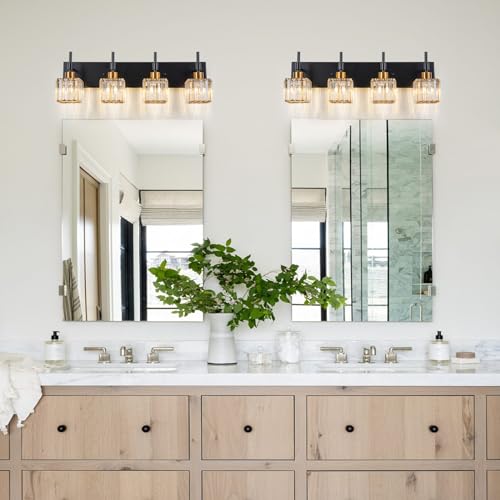 Image of Black and Gold Bathroom Light Fixture,4-Lights Crystal Vanity Lights Fixtures with Square Crystal Shade Metal Base,Modern Black and Brass Bathroom Lights Over Mirror
