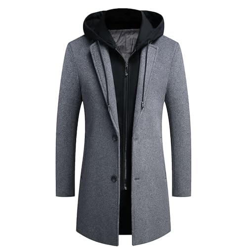 Mens Trench Coat with Detachable Hood Winter Casual Wool Blend Pea Coat Single Breasted Classic Business Overcoat