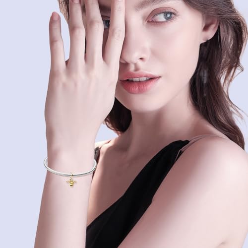 Simphman 925 Sterling Silber Charm Anhänger für Europäischen Armbänder und Halsketten Golden Sparkling Bee Dangle Charm Armband Charm Geburtstag Schmuck Geschenk für Damen Frauen