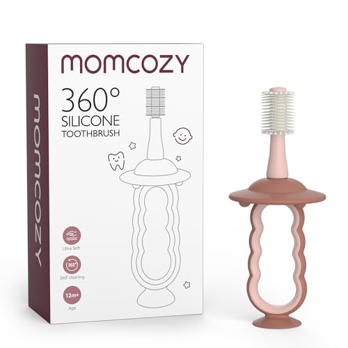 Image of Momcozy Baby Toothbrush, 360° Toothbrush for Infant, Ultrasoft Toddler Toothbrush with Suction Base, Baby Oral Cleaner, Baby Tongue Cleaner, Pink