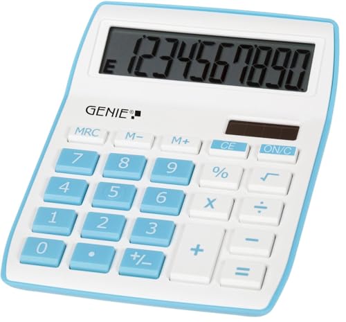 Genie 840 B 10 chiffres calculatrice de bureau avec double alimentation (solaire et batterie) – Design Compact (Bleu)