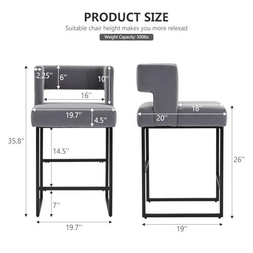 Image of 26 inch H Velvet Bar Stools Set of 6, Counter Height Bar Seats with Square Back, Modern Upholstered Armless Barstools with Metal Black Legs for Kitchen Island Dining Room Bar, Grey