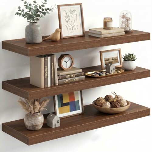 Image of Fun Memories 30 Inch Floating Shelves for Wall, Walnut Wood Wall Mounted Shelf with Invisible Bracket, 10 Inch Deep Large Shelves for Living Room Bathroom Bedroom, Set of 3