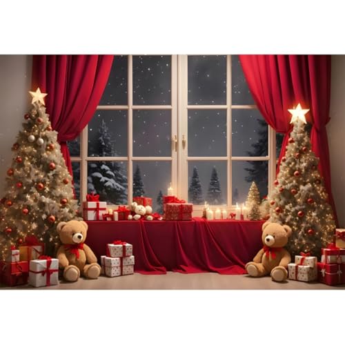 3.5x2.5m Finestra invernale Fondali fotografici Interni Albero di Natale Tavolo regalo Giocattolo di La Notte di Sfondo Tema familiare Foto Studio Spara oggetti di scena
