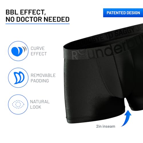 Rounderbum Men's Padded Underwear Trunks with Removable Butt Enhancing Pads - 3 Colors - More Volume Instantly, Short Inseam4