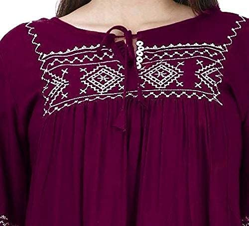 Image of Shiva Fab Short Kurti for Women | Embroidered Straight Rayon Kurta | Round Neck Full Sleeves Short Kurti for Women's (Small, Wine)
