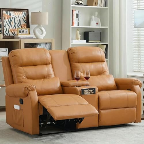 MANBUR RV Reclining Loveseat Sofa with Console Wall Hugger Recliner Sofa Double Recliner Home Movie Theater Seating with Cup Holders & Storage (Faux Leather Orange)