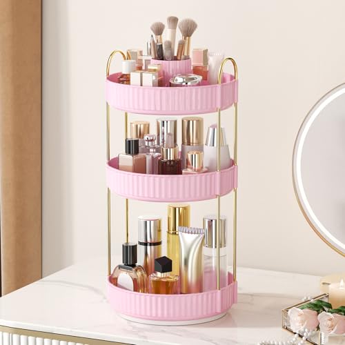 Image of 360 Rotating Makeup Organizer, Upgraded 3 Tier Skincare Perfume Organizers for Women, Bathroom Organizer Countertop, Clear Cosmetic Dresser Organizer with Makeup Brush Holder, Sink&Counter(Pink)
