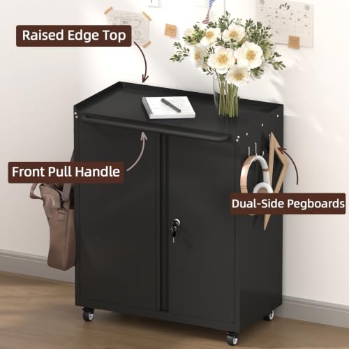 Image of Metal Cabinet with Wheels, Steel Cabine with Locking Doors, Small Cabinet with Adjustable Shelf, Tool Cabinets for Garage, Suitable for Home Office, Garage, Office