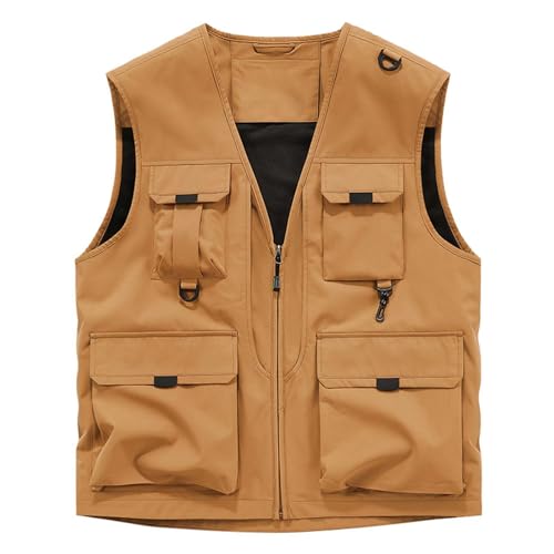 Chaleco de viaje vintage para hombre con solapa y bolsillos con cremallera, chaleco de viaje multibolsillo, chaqueta ligera al aire libre para fotografía, senderismo y bosquejo en el campo, marrón, XL