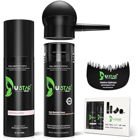 Hair Building Fibers Set, USTAR 4 in 1 Hair Fibers for Thinning Hair and Hair Fiber Spray, Natural Hair Filler Instantly Conceals Hair Loss, Hair Powder for Women & Men 27.5g (Dark Brown) Cover