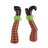 2 Stück Halloween Hexenbein Dekorationen mit 2 Stäben, Umgedrehte 3D Hexenbein Gartenpfahl Dekoration mit Orangefarbenen Streifen für Rasen Garten und Halloween Dekorationen im Innenbereich