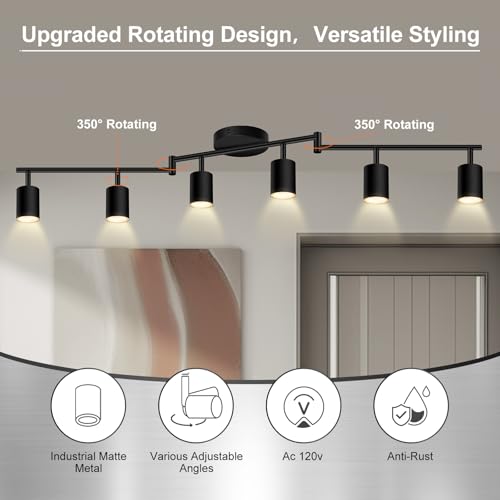 AUQUEE 6 Light Track Lighting Fixtures Ceiling, Matte Black Kichen Track Lighting Fixtures with Rotatable Light Heads, Foldable Lamp Arms, Modern LED Track Lights for Kitchen/Hallway, No GU10 Bulb - Thumbnail 3