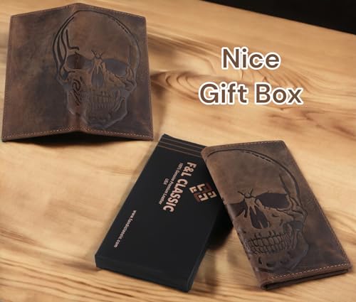 Image of F&L CLASSIC Men's RFID Vintage Look Genuine Leather Long Bifold Wallet Checkbook Wallets, classic brown with skull embossment, Bi-fold Full Grain Leather Checkbook Wallet