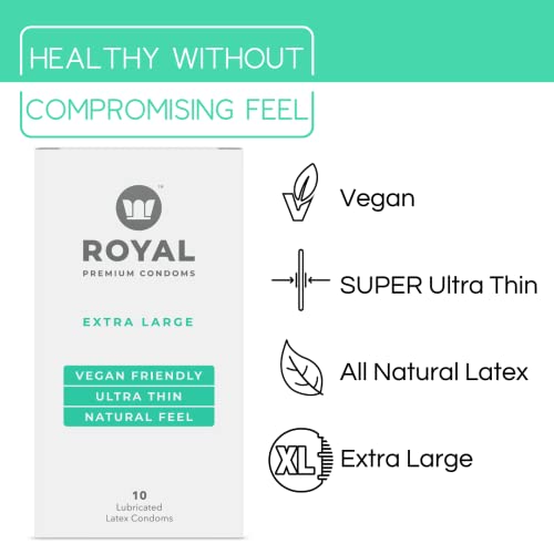 Royal Extra Large Ultra Thin Vegan Condoms For Men - Premium Lubricated Condom - Unflavored Lubricant, Organic Latex Rubber - Odorless, Snug, Natural Feel - Safe & Durable - 10 Pack #TOP1
