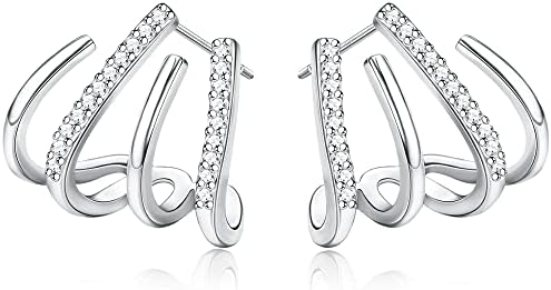 JeweBella 925 Sterling Silver Post Claw Earrings for Women 4 Prong Earrings with Shiny Zirconia Hypoallergenic Ear Cuff Wrap Piercing Earrings for Women Girl