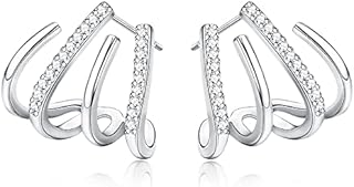 JeweBella 925 Sterling Silver Post Claw Earrings for Women 4 Prong Earrings with Shiny Zirconia Hypoallergenic Ear Cuff Wrap Piercing Earrings for Women Girl
