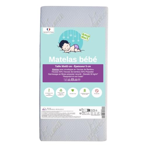 Easy Dort Matelas bébé 50x83 cm | Berceau ou lit bébé | Fabriqué en France | Été & Hiver | Double Face | Très Confortable | Housse en Bambou | Blanc |