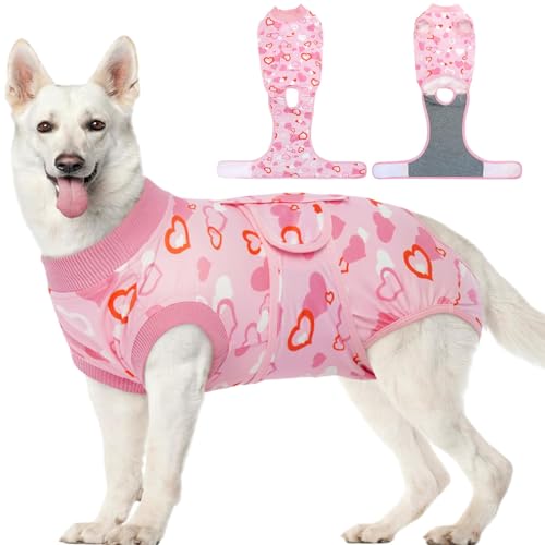 Kuoser Dog Surgery Recovery Suit, Valentine's Day Doggie Surgical Shirt for Female Male Dogs, Pet Onesies for Small Medium LargeDogs XXL (Back:24.8-29.5'', Weight:70+ LB) PinkHeart