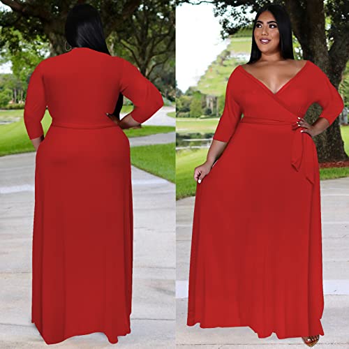 Image of Runwind Plus Size Dresses for Women Floral Maxi Dress Flowy 3 /4 Sleeve with Belt