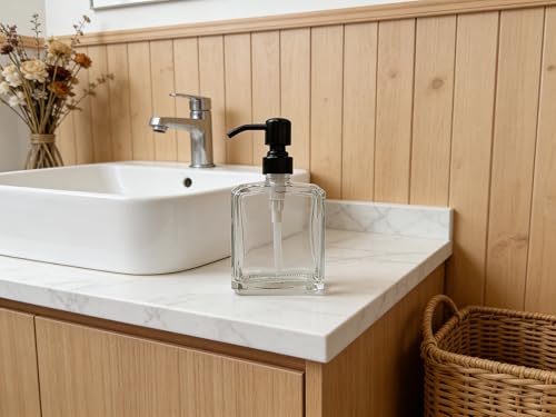 Image of Square Clear Glass Dish Soap Dispenser, Antique Refillable Hand Soap Dispenser with Rust Proof Black Stainless Steel Pump, 13.5 oz Lotion Dispenser for Bathroom Vanity, Kitchen Countertop