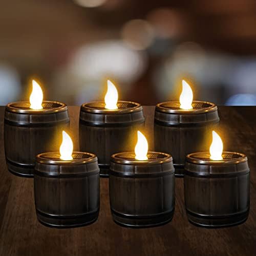 Howeifull Wine Barrel Solar Tea Lights Candles, Outdoor Waterproof 6 PCS Vintage Solar Powered LED Tealight Flameless Votive Candles for Bars Patio Halloween Decor