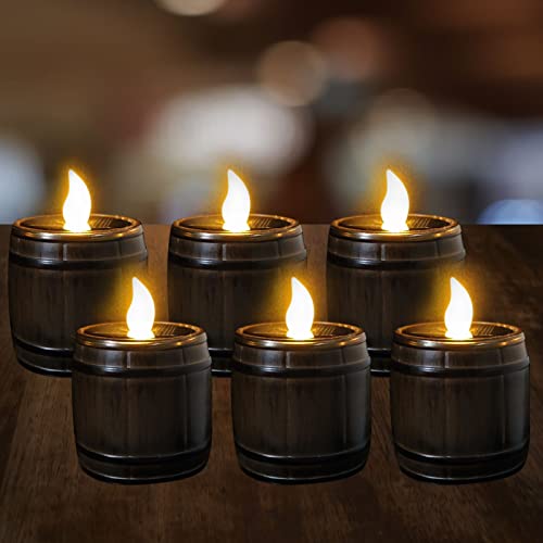Howeifull Wine Barrel Solar Tea Lights Candles, Outdoor Waterproof 6 Pcs Vintage Solar Powered Led Tealight Flameless Votive Candles For Bars Patio Halloween Decor #TOP21