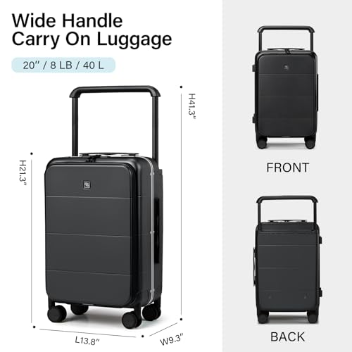 Image of Hanke Top Opening Carry On Luggage, 20 Inch All-PC Aluminum Frame Wide Handle Luggage, Hard Shell Trunk Suitcase with Spinner Wheels, TSA Airline Approved (Jet Black, 40L)
