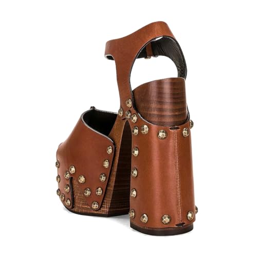 XYD Women Wooden Block Chunky Heel Sandals Platform Bronzed Studs Open Toe Buckle Ankle Strap Vintage Parties Shoes4
