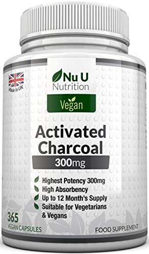 Activated Charcoal 300mg Vegan 365 Capsules (not Tablets) | One Year Supply of Triple Strength Activated Charcoal by Nu U Nutrition