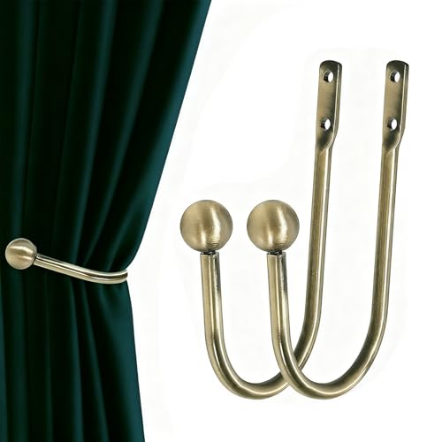 2 Pcs Curtain Tie Backs Hooks, Simple Curtain Holdback Wall Mounted Hooks, Curtains U-Shaped Hook Wall Mounted Window, Screws for Bedroom Fixed Curtains or Hanging Items (Brass)