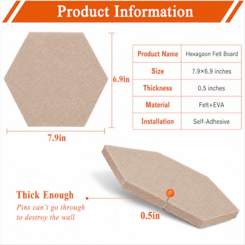 Image of Quiet Canvas Hexagon Pinboard, 1x1 ft, Pack of 8, 50 PushPins, (Sand)
