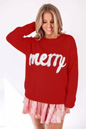 Image of LEMAFER Women 2026 Merry Christmas Round Neck Sequin Letters Sweater Casual Solid Slogan Long Sleeve Pullover Sweatshirt Tops