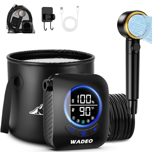 Ducha portátil 2026 mejorada para camping, bomba recargable 8000mAh con cubeta plegable de 5 gal, 5 modos de presión, IPX8 resistente al agua, ducha exterior para senderismo, viaje, coche, mascotas y playa miniatura 1