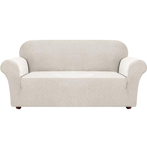 Turquoize Stretch Sofa Slipcover Couch Cover Sofa Covers for 3 Cushion Couch 1 Piece Sofa Slipcover for Living Room with Jacquard Fabric and Elastic Bottom Pet Furniture Protector (Sofa, Ivory)