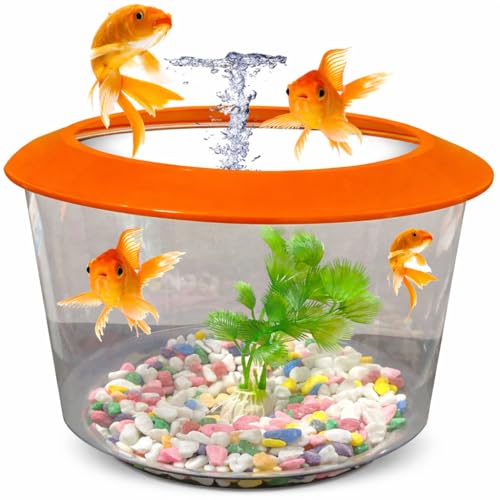 Pet Guru Premium Crystal Clear Fish Bowl Aquarium with Lid Decorative Gravel and Plant Included Durable Plastic Perfect for Goldfish (Orange)