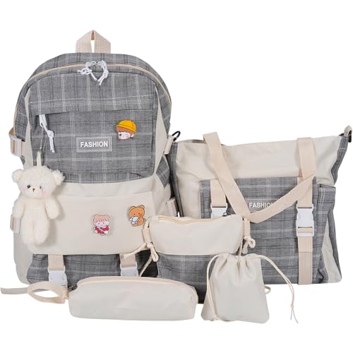 Mordelar Conjunto de 5 peças de mochila escolar de lona com pingente de urso kawaii, broches fofos, xadrez, alça xadrez, bolsa escolar, Cinza, Large, Clássico