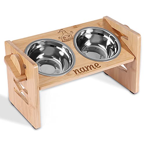 NGTSFLY Personalized Elevated Bamboo Dog Feeding Station with 2 Stainless Steel Bowls, Non-Slip Silicone Pad for Medium & Small Dogs