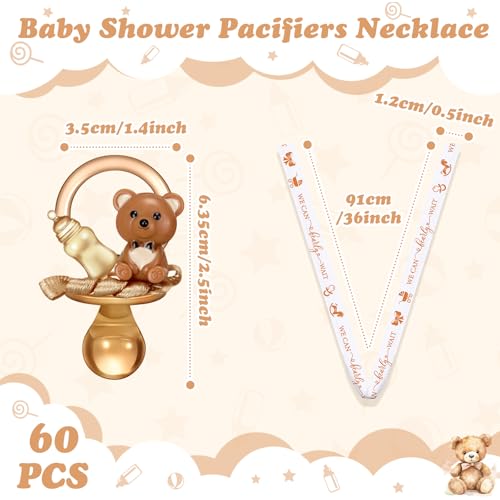Image of Coume 60 Pcs Baby Shower Pacifiers Necklace Cute Bear Bottle Acrylic Pacifiers Necklaces for Baby Shower Games Guests Gender Reveal Party Favors Prize Decorations DIY (White,Brown,Elegant)