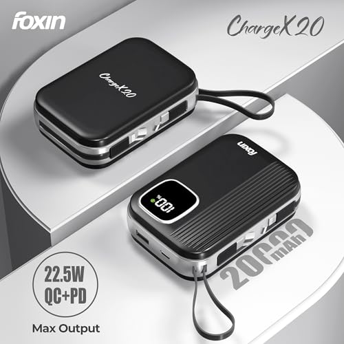 Image of Foxin ChargeX 20 Pocket Power Bank 20000mAh 22.5W Super Fast Charging | Type C & 8 Pin Dual Output Ports| Type C & USB Input & Output |Supports Android, Apple, Tablets | Built-in-Cable | Black