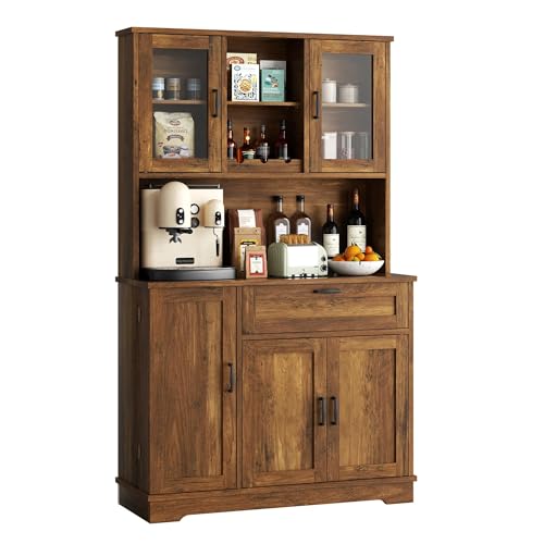 Image of Vongrasig Kitchen Pantry Cabinet, Tall Farmhouse Storage Cabinet, Brown | Freestanding Hutch with Adjustable Shelves and Doors, Large Food Cabinet with Microwave Stand for Kitchen, Dining Room