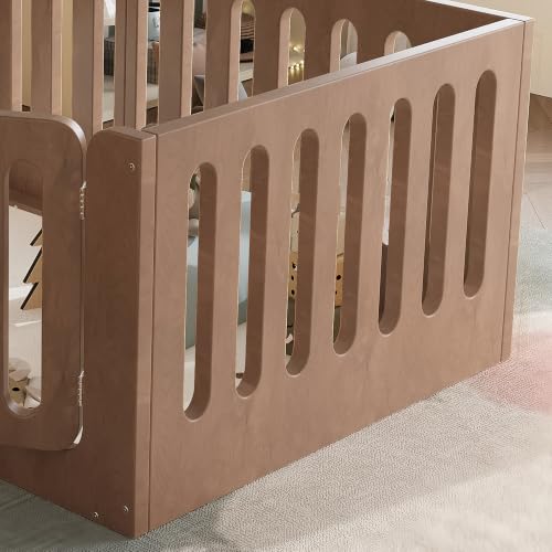 Image of Bellemave Twin Montessori Floor Bed Frame,Brown | Solid wood kids montessori floor bed with high safety fence & door, low to ground design for girls and boys
